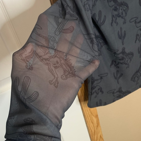 WESTERN Pattern Charcoal Gray and Black Mesh Shirt Mock Turtleneck Long Sleeve - Picture 6 of 7